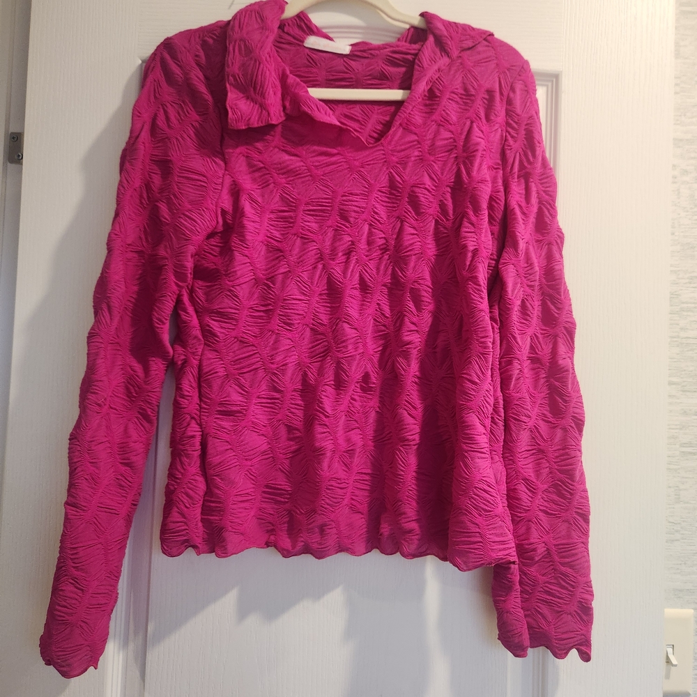Ces Femme Fuchsia Textured Long Sleeve Blouse L Euc